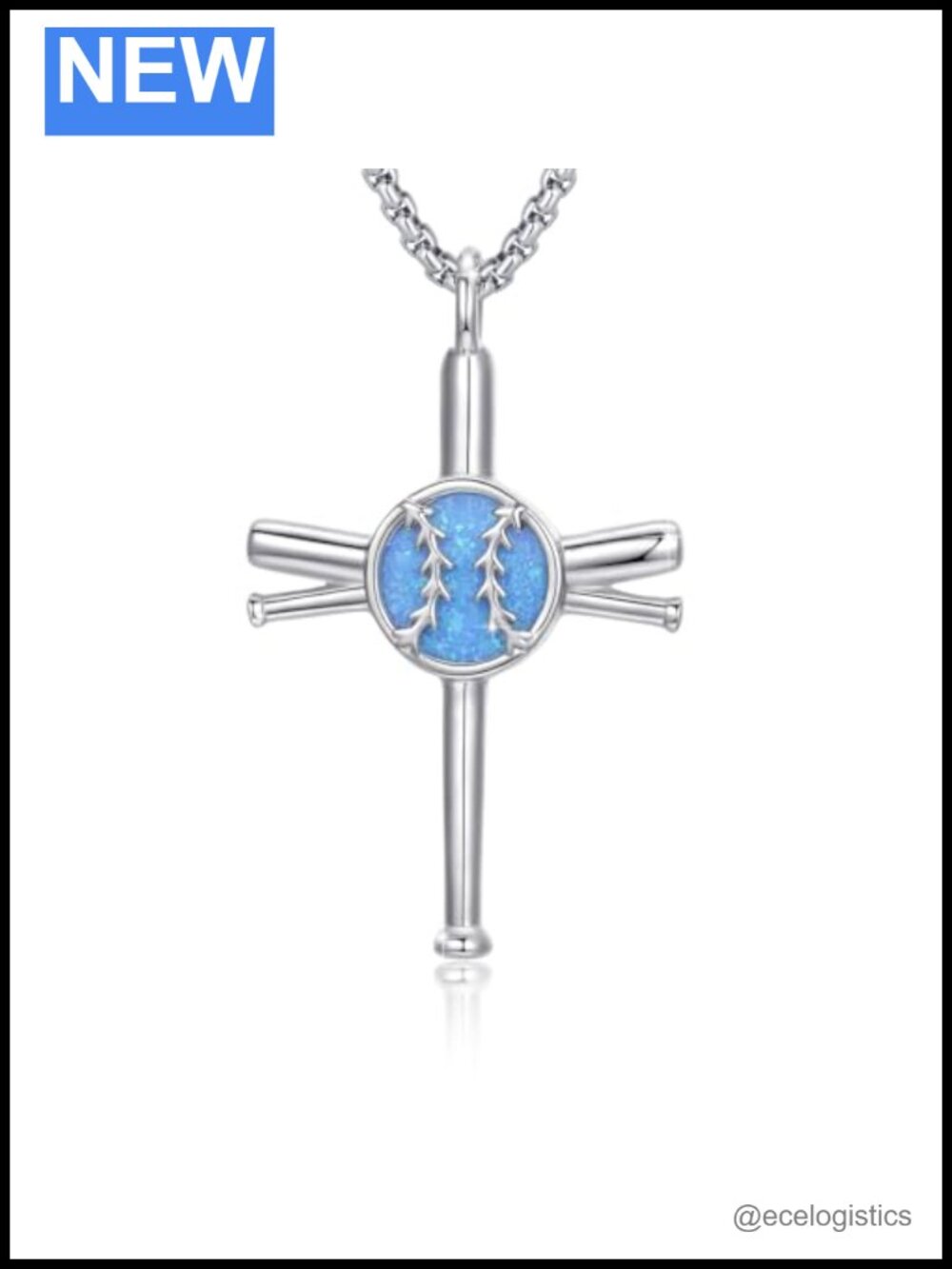 925 Sterling Silver Baseball Bat Cross Necklace with Blue Opal